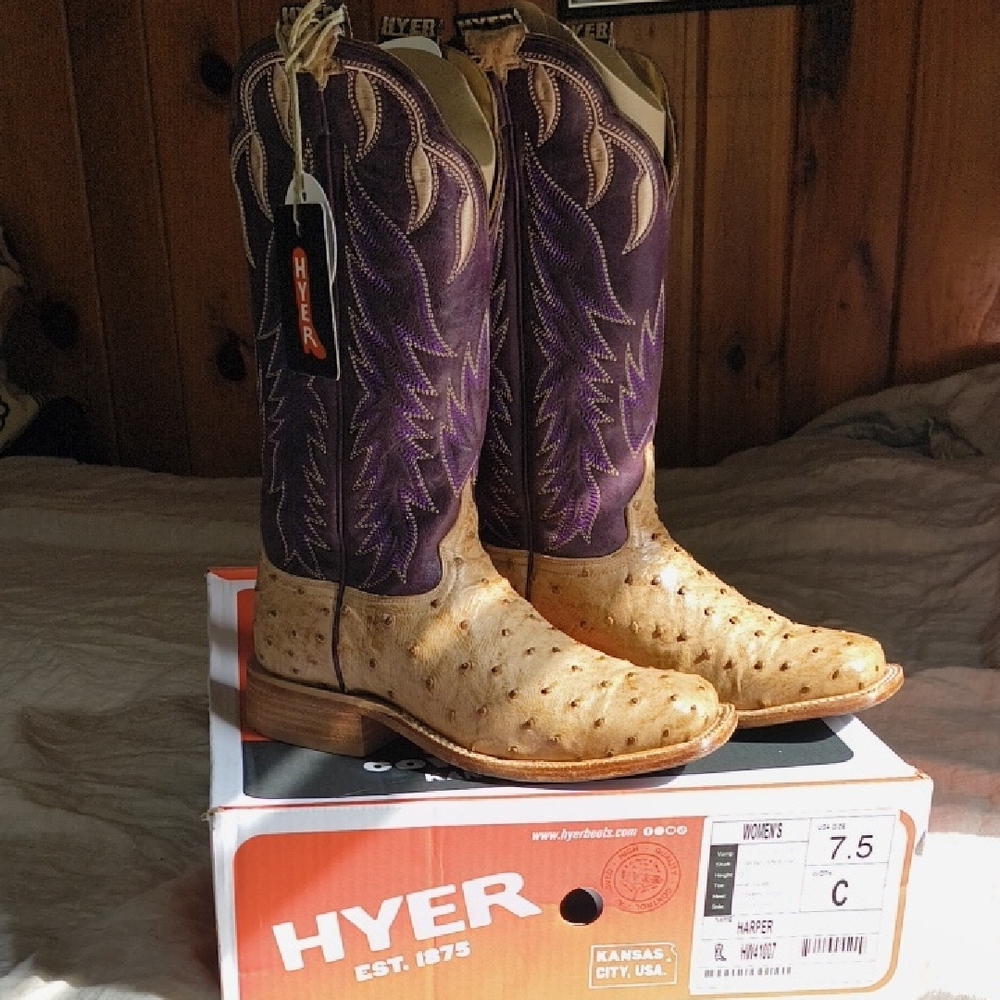 Hyer Harper Purple and Tan Ostrich Cowgirl Rodeo Western Boots DISCONTINUED 7.5 - Picture 3 of 12